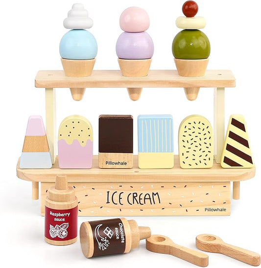 Wooden Ice Cream Play Set for Kids – 24 PCS Pretend Ice Cream Toy Counter with Cones, Popsicles, Toppings, Sauces & Spoons – Wooden Play Food Toys, Role Kitchen Accessories for Toddlers 3-5
