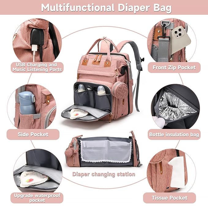 Baby Diaper Bag Backpack Diaper Bag Multifunctional Waterproof Diaper Bag with Changing Station Travel Diaper Backpack with Changing Pad, Pacifier Case & Stroller Straps(Pink)