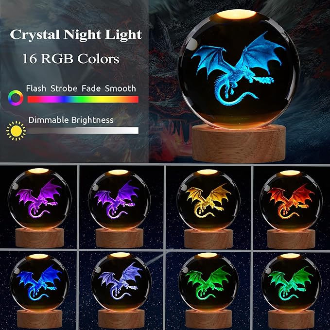Dragon Night Light, 3.15 Inch (80mm) K9 Crystal 3D Lamp with Remote 16 Color for Birthday Xmas Cool Figurines Dragon Gifts for Room Decor Boys Girls