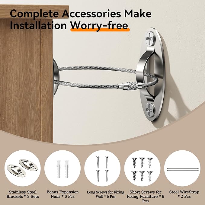 2 Packs Anti Tip Furniture Anchors for Baby Proofing, Furniture Wall Anchor Securing 500 lbs for Keep Kids Safety, Earthquake Resistant Straps for Dresser, Desk, Wardrobe