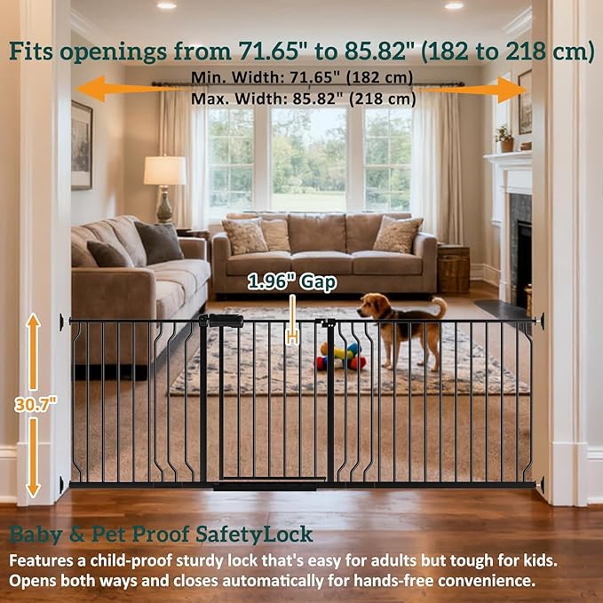 Extra Wide Baby Gates for Doorways 71.65"-85.82" Extra Wide Baby Gate Dog gate Pressure Mounted No Drilling with Walk-Through, Auto-Close & Dual-Direction Swing for Large Wide Opening Black