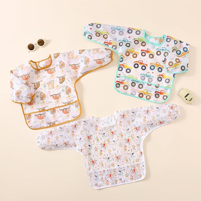 Long Sleeved Bibs, Pack of 5,Lightweight Waterproof Shirt Bibs for Baby Toddler 6-30 Months