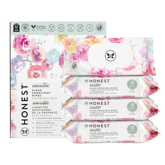 The Honest Company Clean Conscious Multi-Use Wipes, Unscented Hypoallergenic Baby Wipes for Sensitive Skin, 99% Water Plant-Based Compostable Wipes, Rose Blossom, 288 Count