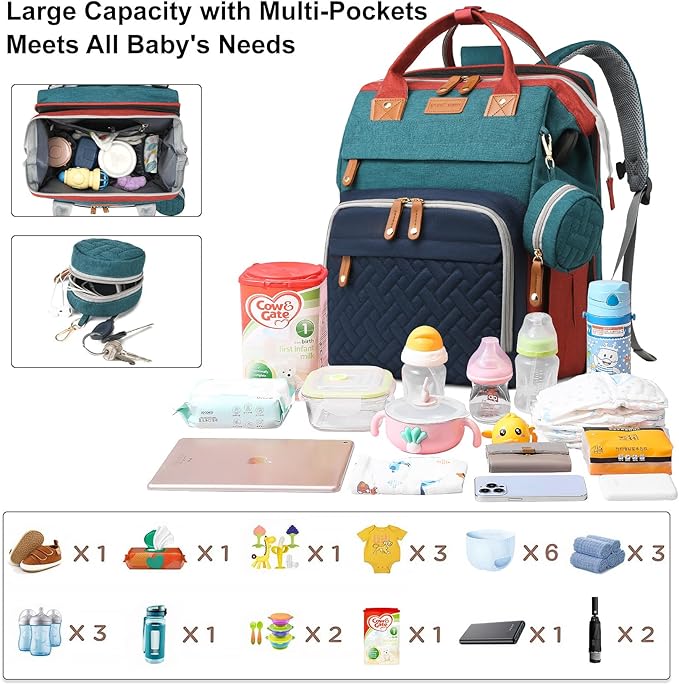 Baby Diaper Bags with Changing Station, Large Capacity Diaper Bag Backpack for Moms Dads with USB Charging Port,Travel Baby Bag with Pacifier Case & Stroller Straps(Up-Multicolor)