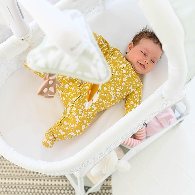 Baby Sweetli Calm Infant Bassinet Bedside Crib Sleeper with Cry Recognition, Electric Mobile with Deluxe Toys, Music, Nightlights, Vibration (Sage Fern Leaves)