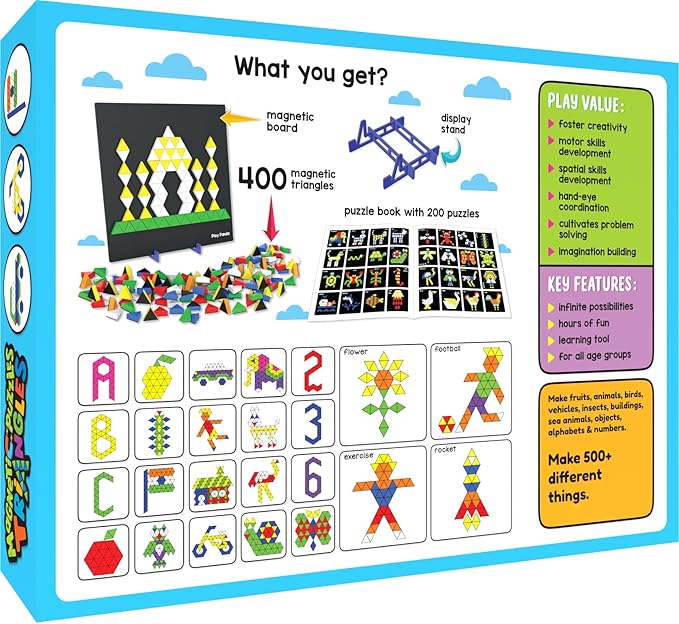 Magnetic Tangram Puzzles Toys for Kids | 400 Magnet Triangles Shapes with 200 Patterns Booklet, Board & Display stand | STEM Educational and learning Games for Ages 4 5 6+ Years|Gifts for Girls & Boys
