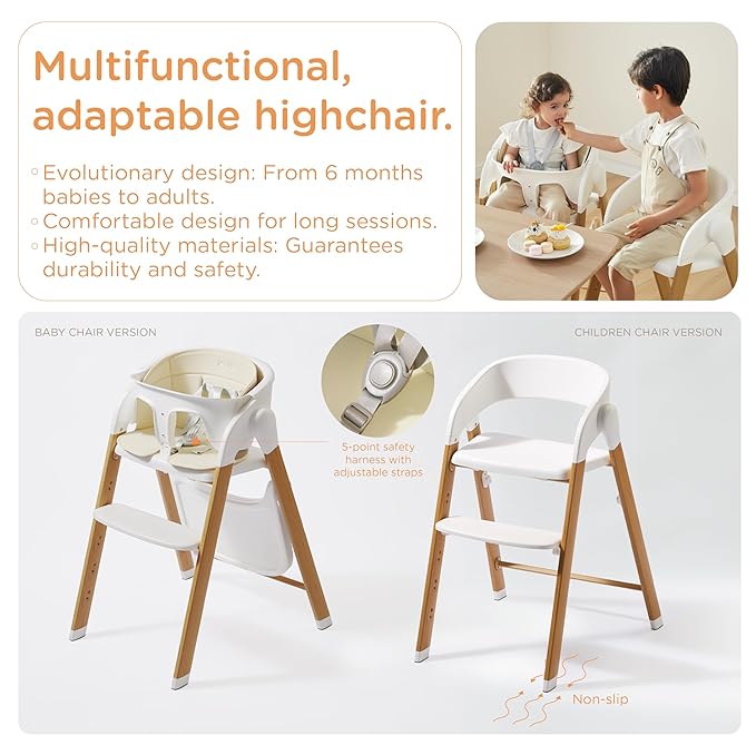 KUB High Chair for Babies and Toddlers Adjustable Foldable Convertible 5 Point Harness Easy Clean Wood-Printed Metal with Removable Tray Baby Highchair for Family (White&Natural Wood-Printed Metal)