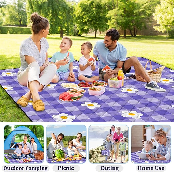 Extra Large Picnic Blanket Waterproof,80"x 80"Foldable Machine Washable Beach Blanket,Outdoor Blanket for 6-8 Adults,Suitable for Indoor Crawling,Park Beach,Camping,Hiking,Family Travel(Purple)