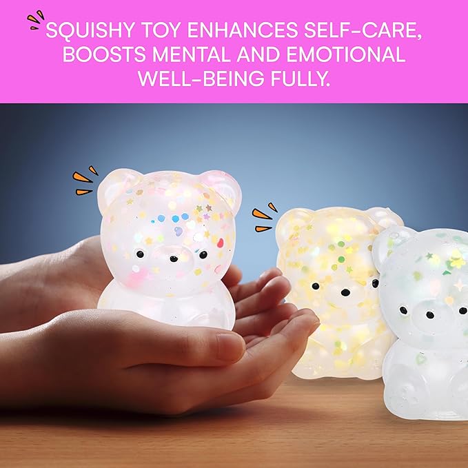 Neliblu Set of 4 Glitter Teddy Bear Squishies - Calming Sensory Toy for Stress Relief, Autism, ADHD - Cute Bear with Huggable Shapes - Gold Silver Pink Purple - Gift for Kids