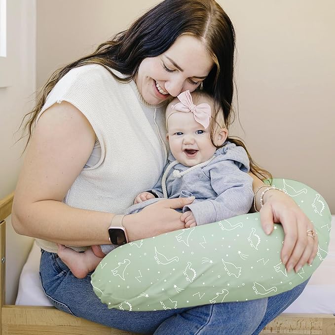 Konssy 2 Pack Nursing Pillow Covers, Stretchy and Soft Nursing Cover for Breastfeeding Pillows, Pillow Slipcover for Baby Girls Boys Newborn (Dino Jungle, Sage)