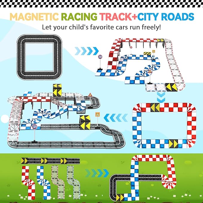 Magnetic Tiles Road Set & Racing Track Expansion Pack, Magnetic Blocks Building Toys for 3+ Year Old Boys Girls, STEM Magnetic Toys Magnetic Tiles for Toddlers 3-5 4-8