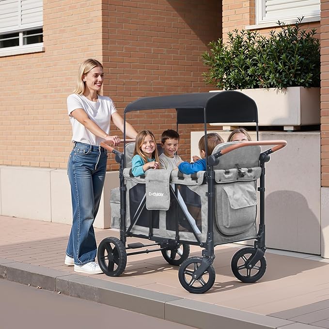 Premium 4-Seater Wagon Stroller for Kids, All-Terrain Heavy Duty Stroller Wagon with 300lb Capacity, 1-Hand Fold, High Seats with 5-Point Harness, Adjustable Canopy & Handlebars, Light Gray