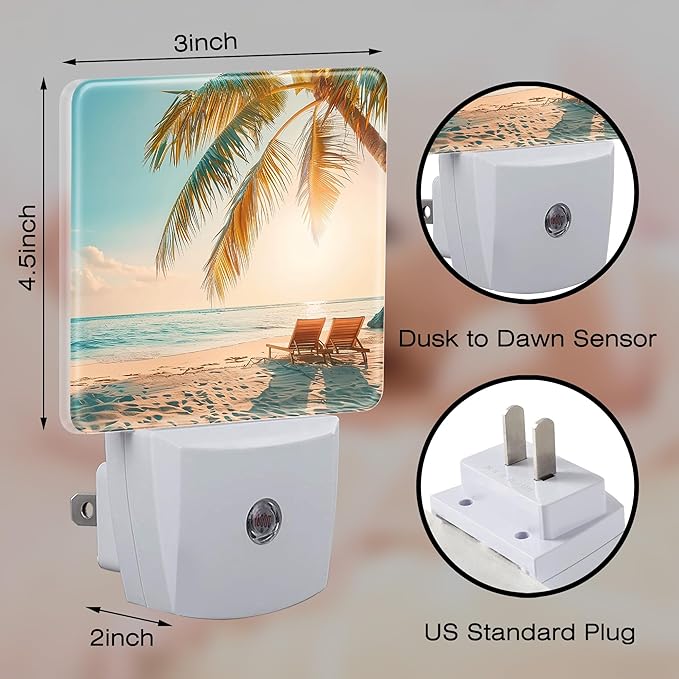 Beach and Sunset Night Light Plug into Wall, Tropical Palm Tree and Ocean Dusk to Dawn Night Light Plug in,0.5w Energy Saving Sleep Friendly NightLight for Kids Boys Girls Home Decor