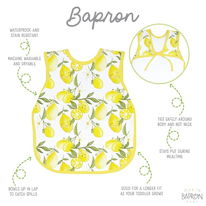 BapronBaby Fresh Lemon Bapron - No Neck Tie Safer Bib for Baby & Toddler - Soft Waterproof Stain Resistant - Machine Washable - Sz Preschool 3-5yrs