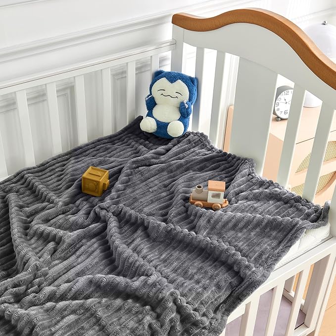 Soft Fleece Baby Blanket Ultra Cozy Grey Baby Blankets for Boys Warm and Lightweight Infant Toddler Newborn Receiving Gift with Reversible Stripes for Crib Stroller, 30x40 Inch, Dark Grey