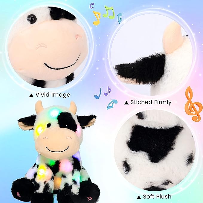 Hopearl LED Musical Stuffed Smile Cow Lighting Up Singing Plush Toy Adjustable Volume Lullaby Animated Soothe Birthday Festival for Kids Toddler Girls, 11'