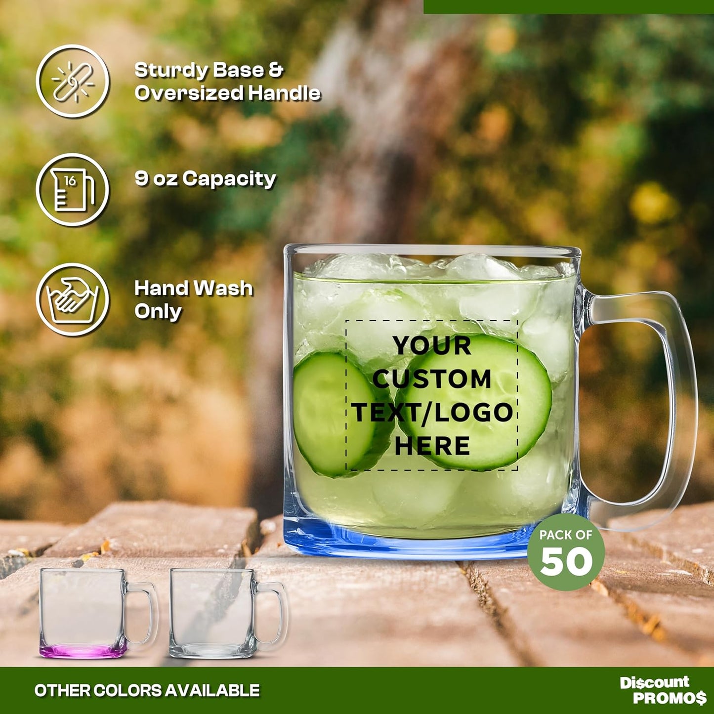 DISCOUNT PTOMOS Custom Small Glass Coffee Mugs 9 oz. Set of 50, Personalized Bulk Pack - Perfect for Coffee, Tea, Espresso, Hot Cocoa, Other Beverages - Blue