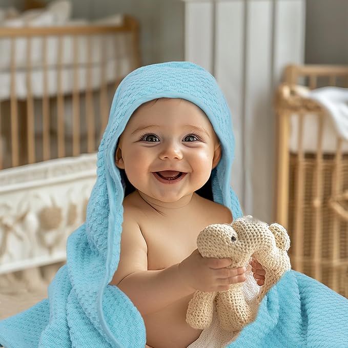 ORIGINAL KIDS Hooded Baby Towel for Newborn - Soft Waffle Weave Baby Bath Towel with Hood for Infant, Toddler - 100% Cotton with Poly Suede Piping - Absorbent Newborn Bath Essentials -32x32- Cool Blue