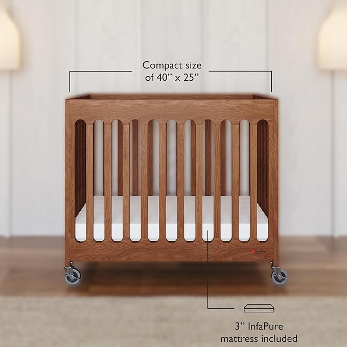 Foundations Boutique Folding Hotel Crib and Sheet Bundle - Includes Wooden Mini Crib with 3" Foam Mattress (Cherry) and 6-Pack White Fitted Compact Sheets