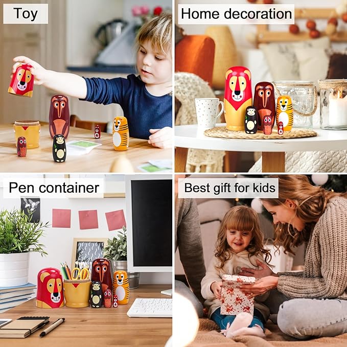 Russian Nesting Dolls, 6 Pcs 6 "Tall Animal Nesting Easter Eggs Toys, Stacking Wooden Handmade Matryoshka Dolls for Kids Toddlers Birthday or Home Decoration Gift (Long Lion)