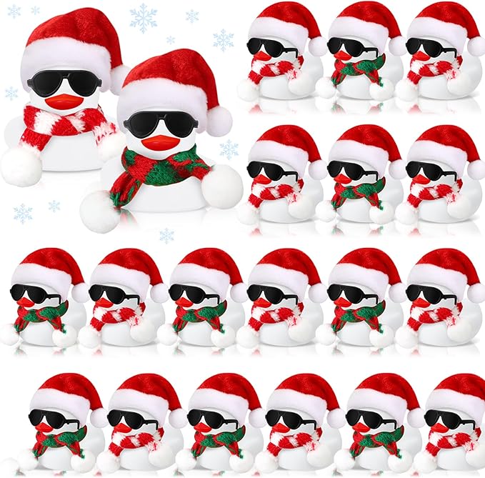 Syhood 24 Sets Christmas Mini Rubber Duck Bulk with Sunglasses Scarf Hats and Adhesive Dots Duckies Bath Toy Xmas Decor for Christmas Winter Gift Cruise Birthday Party (Xmas Hat)