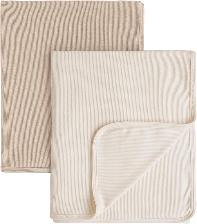 Konssy Knit Baby Blanket 2 Pack, Soft Ribbed Swaddle Receiving Blankets for Boys & Girls, Lightweight Cozy Swaddling Wrap for Newborns, Infants, & Toddlers, 33x42 Inch (Camel, Beige)