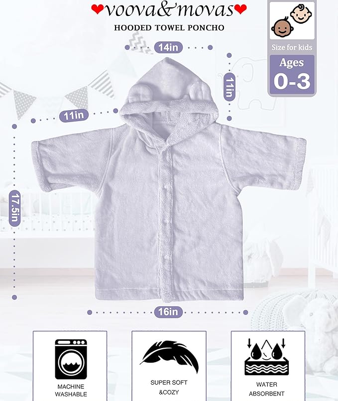 VOOVA & MOVAS Baby Hooded Poncho Towel with Bear Ear, 0-3Years | 100% Cotton, Ultra-Soft & Absorbent | Gentle for Sensitive Skin, Bath, Pool Towel for Toddler | Newborn (Purple)