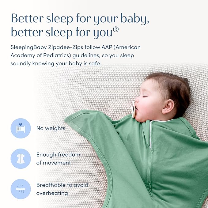 SleepingBaby Zipadee-Zip Transition Swaddle - Cozy Baby Swaddle Blanket with Zipper Convenience - Roomy Wearable Blanket for Easy Diaper Changes - Basil, Medium (6-12 Month)