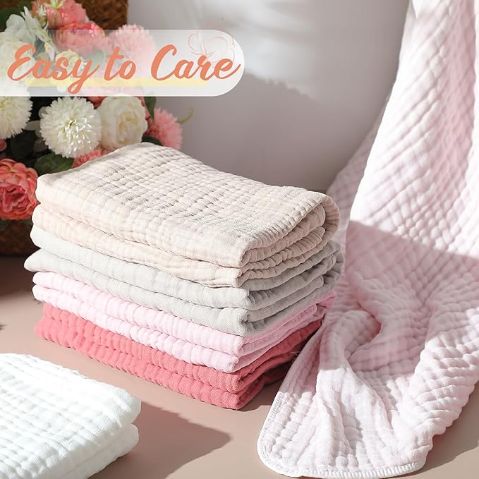 VitalCozy 12 Pcs Baby Muslin Hooded Bath Towels and Washcloths, 32 x 32 Inch Muslin Cotton Hooded Baby Towels Absorbent Hooded Blankets for Gift Newborn Infant Shower (Pink Beige Series)