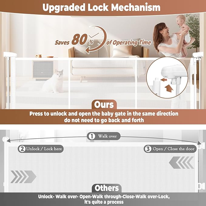 55" Retractable Baby Gate Extra Wide, 41" Tall Retractable Dog Gate for Stairs, Doorways, Decks, Mesh Gate Long Child Gate Pet Gate for Indoor, Outdoor, with Reinforced Mesh Rods, Dual Locks