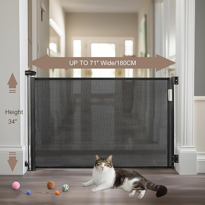 Retractable Baby Gate, 34" Tall, Extends up to 71" Wide, Durable Auto-Lock Baby Gates for Stairs, Mesh Dog Gate and Child Safety Gates for Doorways, Hallways, Indoor, Outdoor(Black)