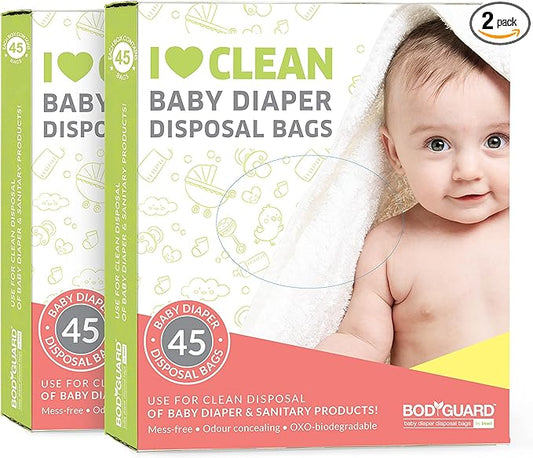 Bodyguard Baby Diaper Disposable Bags - 90 Bags - Leak-Proof Bags for Discreet Disposal of Diapers and Intimate Sanitary Products, 45 Piece Per Pack