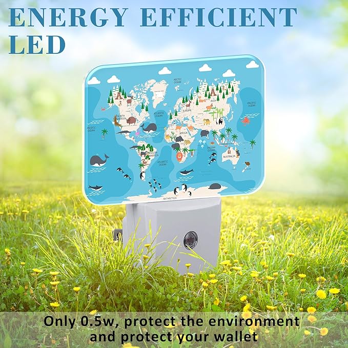 Cute Animal World Map Night Light for Kids Girls Boys, Cartoon World Map LED Night Light Plug into Wall with Dusk to Dawn Sensor for Room, Hallway, Kitchen, Bathroom, Stairs Decor