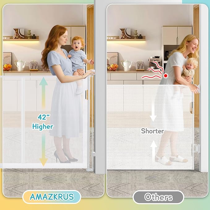 160'' Retractable Baby Gates Extra Wide, 42" Extra Tall Retractable Dog Gate for Doorways,13 Foot Safety Upgrade Extra Long White Retractable Baby Gate for Stairs, Indoor/Outdoor Retractable Gate