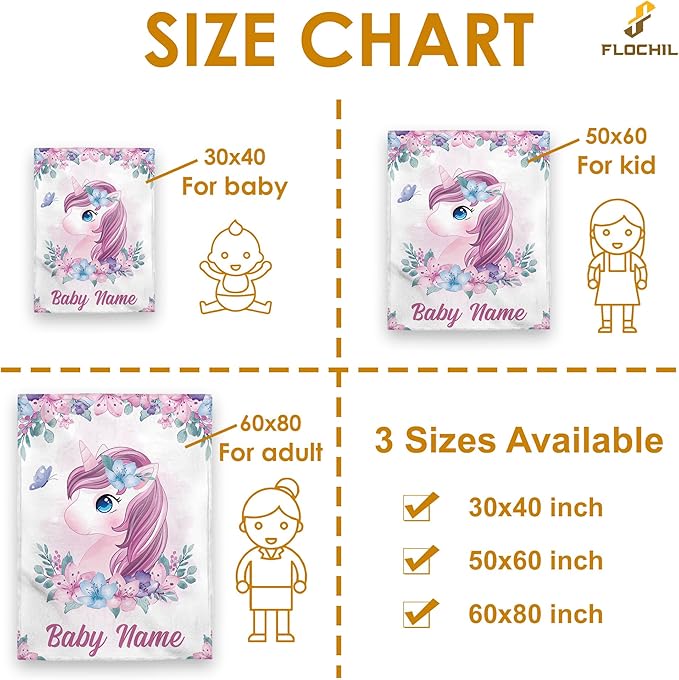 FLOCHIL Personalized Baby Blanket for Girls, Custom Baby Blanket with Name, Customized Baby Products, Gift for Baby, Newborn, Baby Shower (Unicorn)