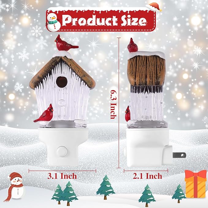 Christmas Birdhouse Night Light Plug into Wall Glitter Water Nightlight with USB/Outlet Options, Christmas Decorative Nightlight for Bedroom Kitchen Nursery Holiday Decorations Gifts (Birdhouse)