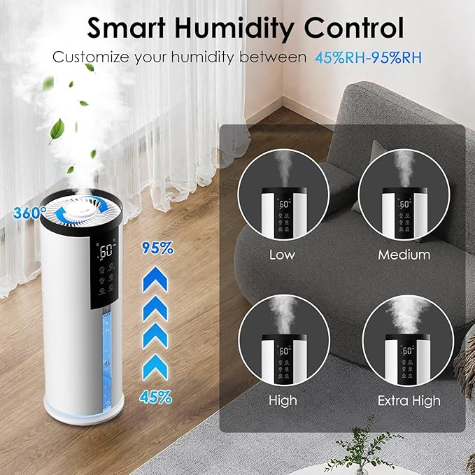 Humidifiers for Large Room 550 ft² - GloryAir 8L Cool Mist Humidifier for Bedroom Home Plants Baby, Top Fill, 120H Runtime, 4 Mist Spray Levels, 7-Color Light, 35dB Quiet Humidifier