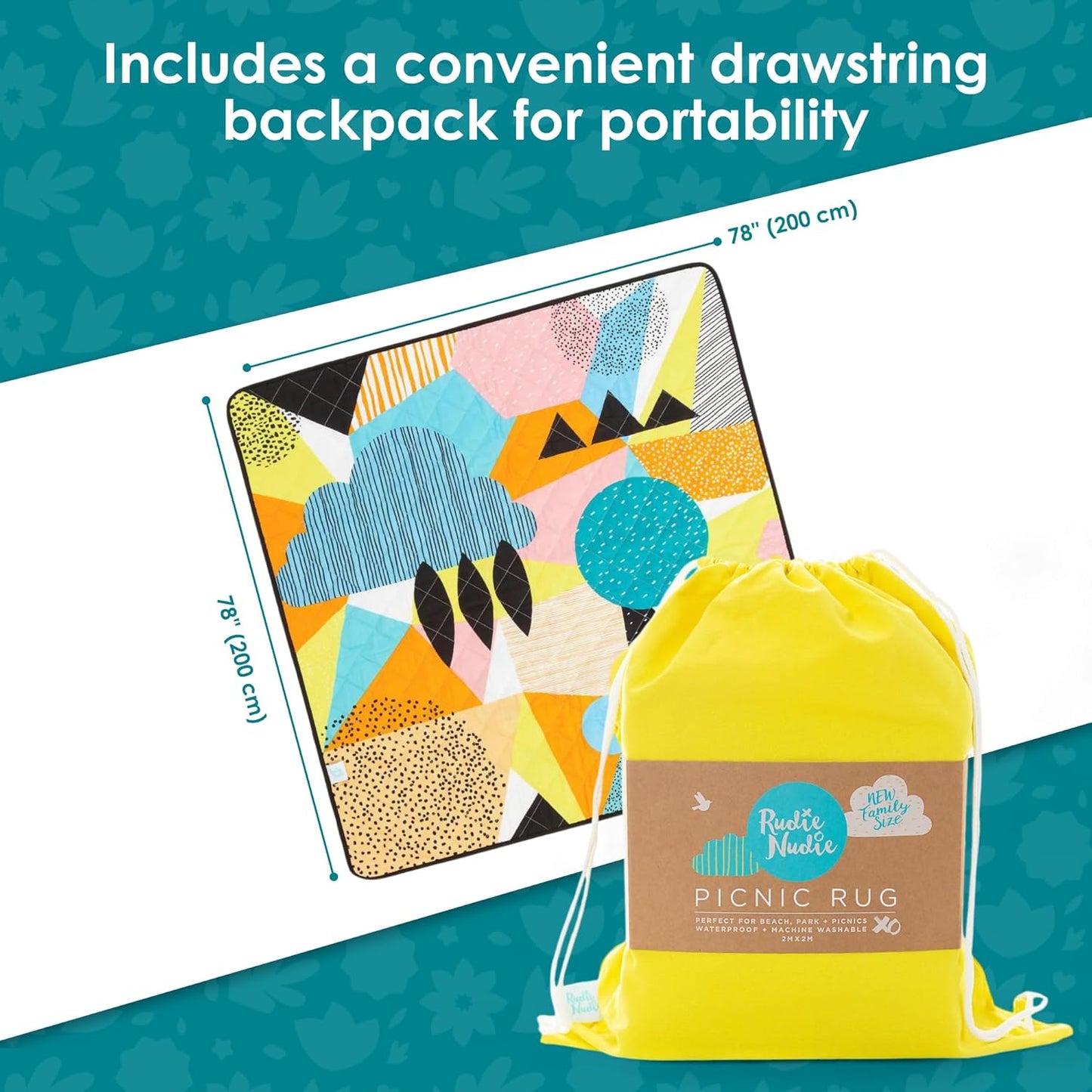 Jumbo Picnic Rug, Large Picnic Mat, 6'7" x 6'7", Outdoor Waterproof Picnic Blanket Beach Mat, Foldable & Waterproof, Picnic Blankets Ideal for Beach & Park, Outdoor Blanket, Happy Now