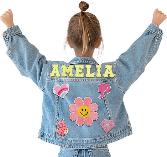Personalized Jean Jacket for Kids with Name Patches - Custom Toddler Girls Boys Denim Jacket - Spring Fall Clothes - Birthday Christmas Gifts for Children 1-8