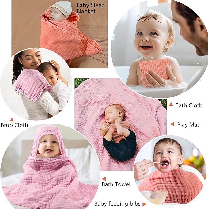 VitalCozy 6 Pcs Baby Muslin Hooded Bath Towels and Washcloths, 32 x 32 Inch Cotton Absorbent Blankets for Newborn Infant Shower Gift (Pink, Orange)