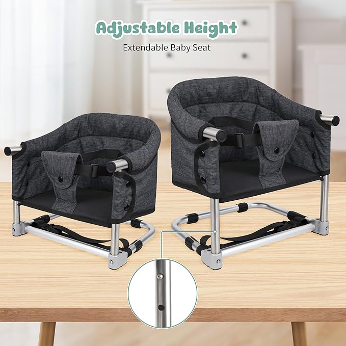 Booster Seat for Dining Table: Portable Toddler Booster Chair with Safety Buckle and Height Adjustable, Foldable Baby Feeding Chair, Kids High Chair Booster Seat for Kitchen Home Travel - Black