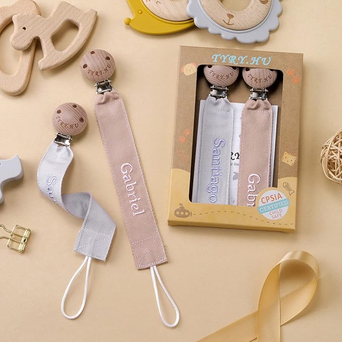 TYRY.HU Personalized Pacifier Clip with Name, Embroidery Pacifier Holder for Baby Girls and Boys, Neutral Binky Clips Universally Fit All Pacifiers & Baby Toys, Baby Gift, 2 Pack(Grey,Khaki)