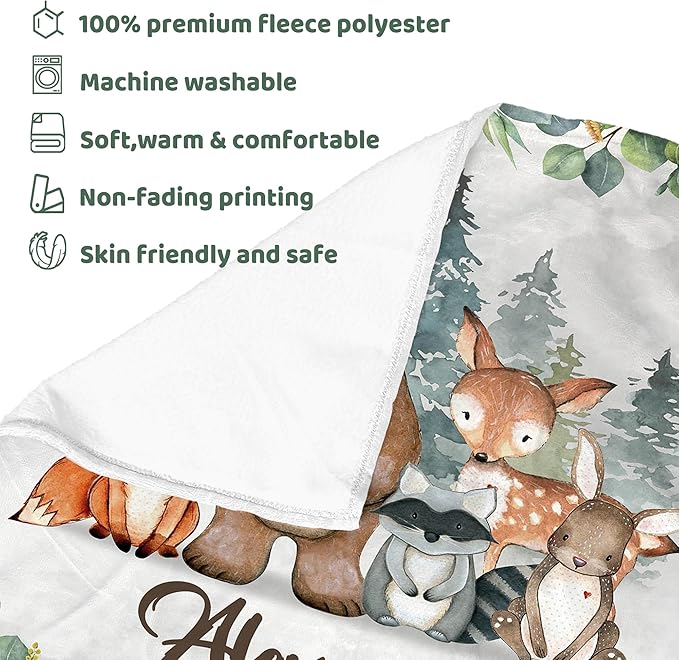 J&SBGFT Personalized Baby Blanket with Name, Customized Name Receiving Blanket for Boys' Crib, Stroller & Nursery - Forest Animal Theme