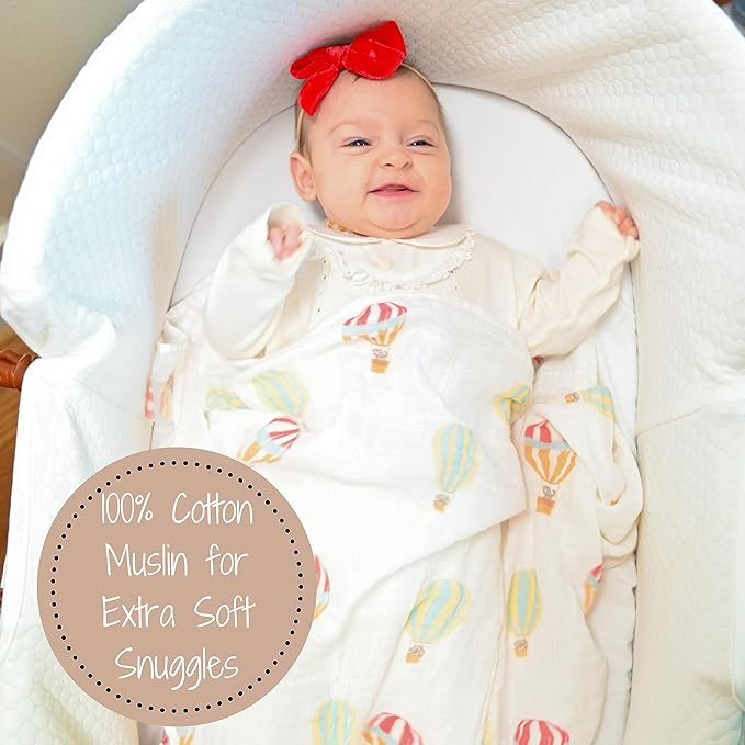 LollyBanks Baby Swaddle Blanket, 100% Cotton Muslin Blankets for Boys and Girls, 47 x 47 Inches Soft and Breathable Newborn Swaddle, Gentle Baby Wrap Swaddle, Registry (Hot Air Balloons Print)