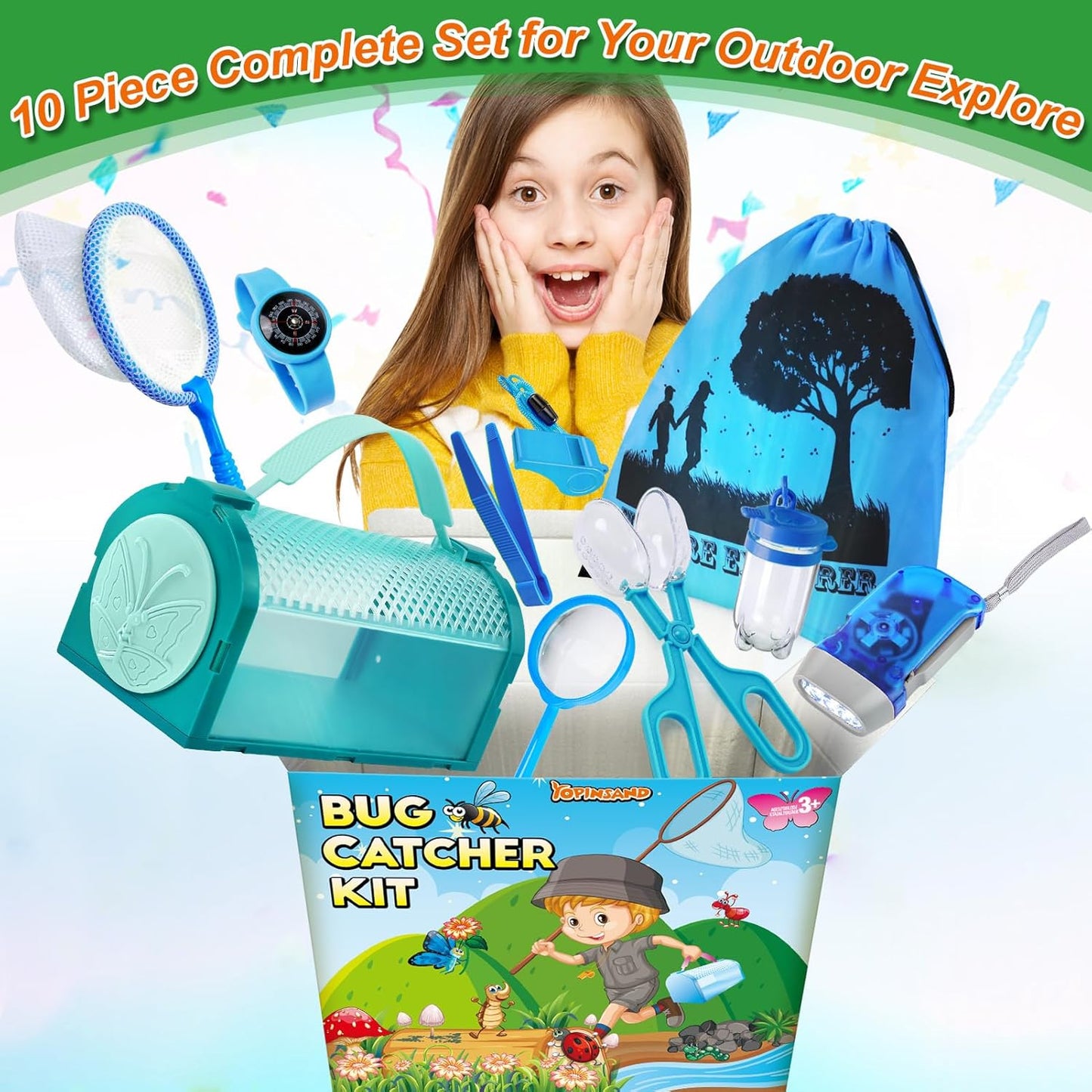 Bug Catcher Kit & Outdoor Explorer Kit for Kids, 10 Pcs Bug Catching Kit with Toy Cage, Backpack, Flashlight, Manifying Glass, Toy Net, Outdoor Exploration Toys Gift for Boys Girls 3-12