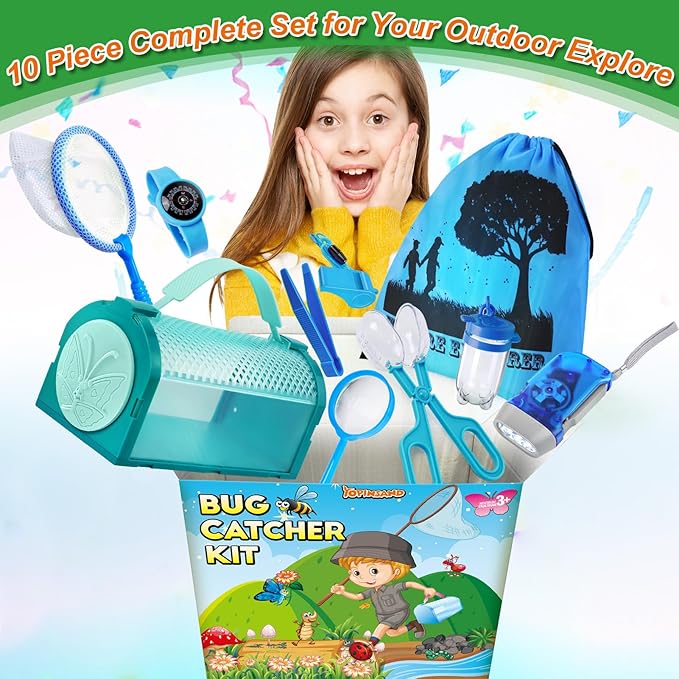 Bug Catcher Kit & Outdoor Explorer Kit for Kids, 10 Pcs Bug Catching Kit with Toy Cage, Backpack, Flashlight, Manifying Glass, Toy Net, Outdoor Exploration Toys Gift for Boys Girls 3-12