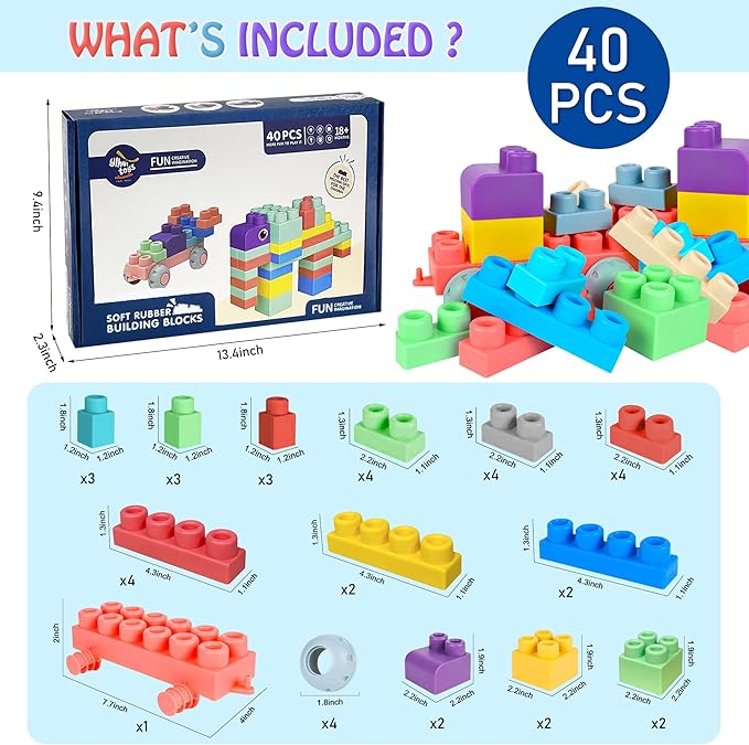 Soft Building Blocks for Toddlers, Large Building Blocks Stacking Blocks for Babies 6 Months and Up Stem Toddler Gifts, Teething Toys, 40 PCS
