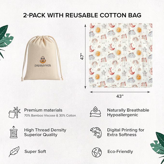 Muslin Swaddle Blankets for Newborns, Bamboo Viscose and Cotton Baby Blanket, Pink and Clouds 2-Pack, Breathable Receiving Blankets for Girls, 47x43