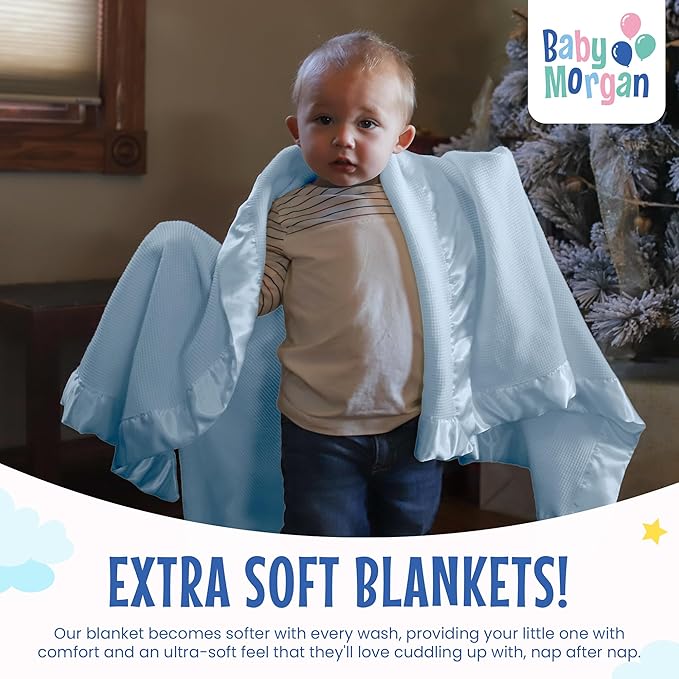 Blankets - Thermal Waffle Warm Baby Blanket for Crib - Soft and Cozy Baby Crib Blanket for Nursery, Stroller, or Naptime Comfort - Ideal Shower Gift - Blue, Satin Trim (36" x 50")