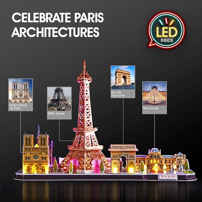 CubicFun 3D Puzzle LED Paris Cityline, 115 Pieces, 1 Count, Ages 8-12, Modern Style, Unisex, Gray, Intermediate Skill, Patience Skill, 15.748 x 4 x 12.87 inches, Assembly & Disassembly, PUZZLES